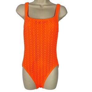Vintage Catalina One Piece Swimsuit Womens 12 Neon Orange Crochet Textured High